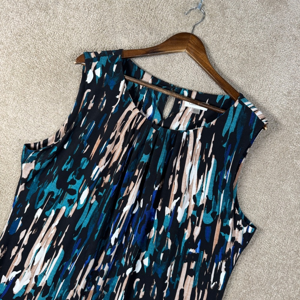 Calvin Klein Sleeveless Top Womens 1X Blue Abstract Pleated Neck Shell Blouse